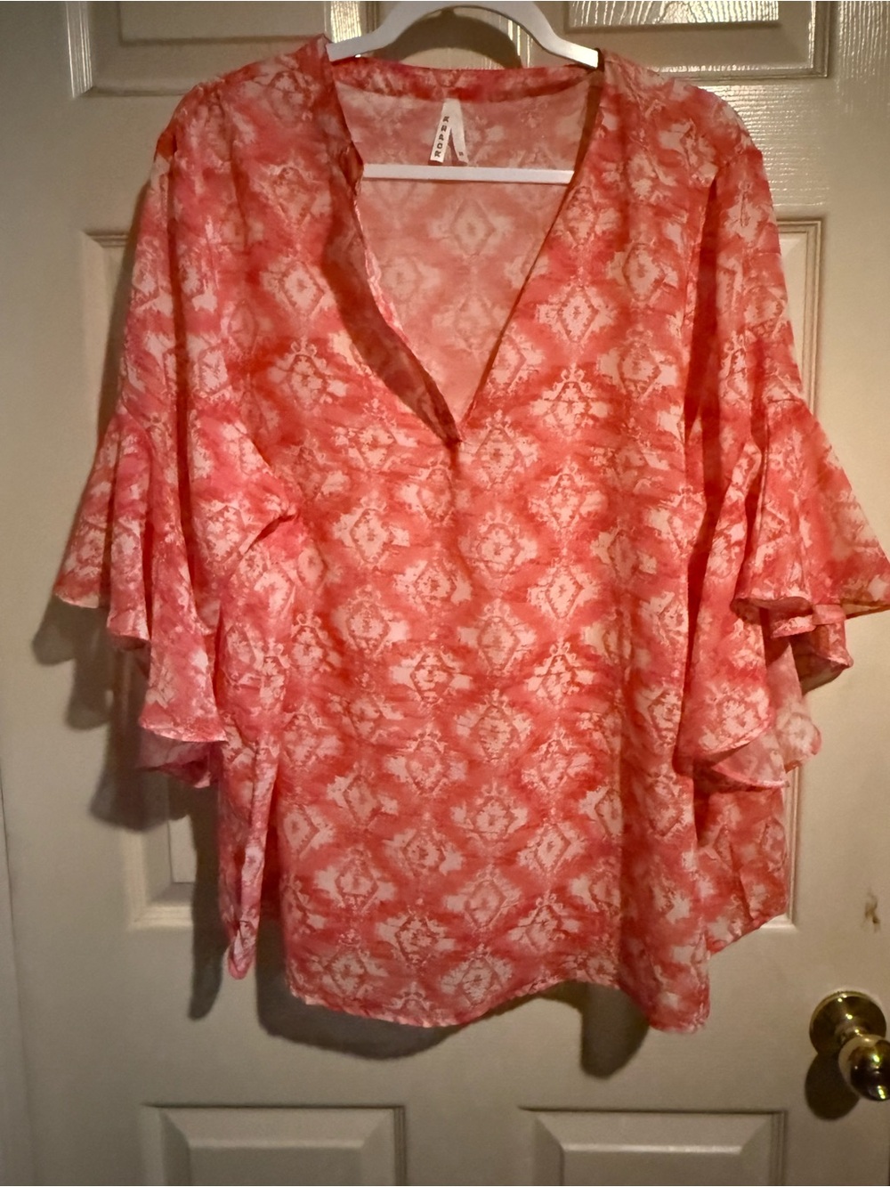 Roper Coral Ikat V-Neck Flutter Sleeve Top